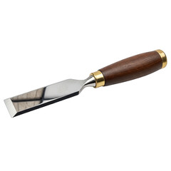 Close-up Macro View of a Sharp Metal Chisel Tool with a Textured Wooden Handle and Brass Accents Isolated on a Black Background Showing Reflective Surface Detail