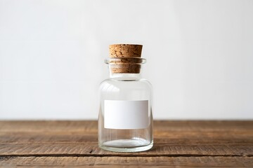 Clear glass bottle with cork stopper and blank label on a wooden surface against white wall