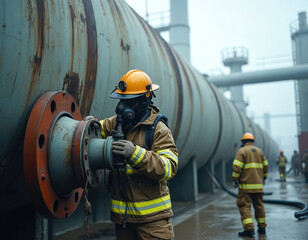 Emergency responders in protective suits work on industrial accident. Fireman closes large valve on massive storage tank. Workers in hazmat gear operate at petrochemical factory incident site,