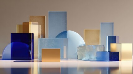 Modern abstract still life with translucent shapes and vibrant colors creating a dynamic and visually appealing composition perfect for backgrounds and creative projects