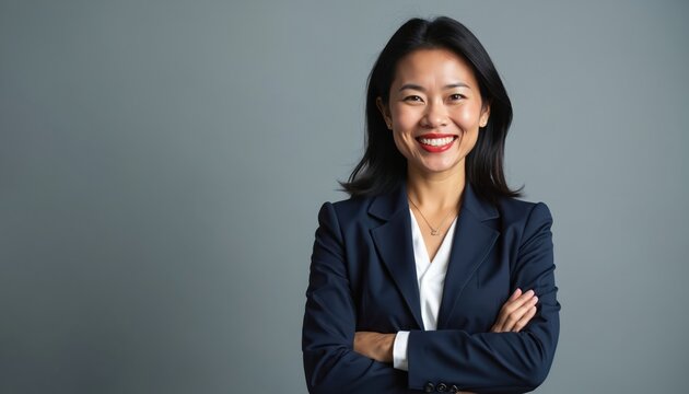 Middle-aged Filipino woman in navy blazer and white shirt smiles confidently. She stands with arms crossed against a neutral grey studio background, exuding professionalism.