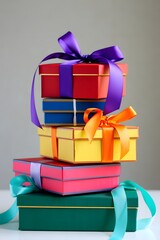 Colorful gift boxes stacked with ribbons tied around them for a celebratory occasion