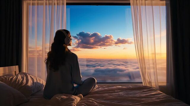Woman relaxing in bed with headphones, watching sunset above clouds. Serene atmosphere creates peaceful mood. Ideal for wellness and relaxation themes. - Powered by Adobe