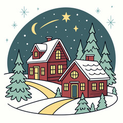 Fototapeta premium Festive Christmas vector illustration of a snowy winter village with a large decorated Christmas tree, glowing cozy cottages, starry night sky and crescent moon — perfect winter landscape background