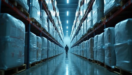 Man walks in huge cold warehouse. Rows of wrapped boxes on shelves. Worker checks inventory in storehouse. Logistics and distribution center with goods. Commercial industry and export business.