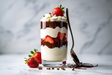 Delicious strawberry chocolate parfait with spoon and marble background in studio shot