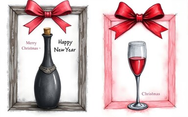 Set of Merry Christmas and Happy New Year quirky trendy greeting cards, vertical rectangle posters, pink and red whimsical bow ribbon frames. Charcoal, crayon champagne bottle, tower, glass drawing