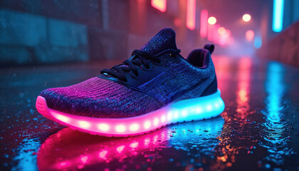 Futuristic sneaker with glowing lights on wet pavement at night. Shoe has neon colored sole, black laces. Background has blurred neon lights, rainy urban street.
