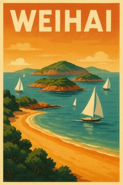 Retro-style illustration of Weihai coastline with curving sandy beach, multiple sailboats and green islands across a calm sea under a vivid orange evening sky
