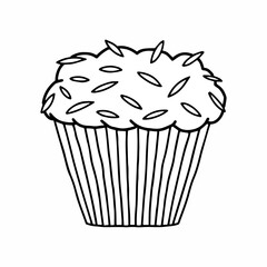Classic chocolate chip muffin line art. Hand drawn simple black and white cupcake vector illustration