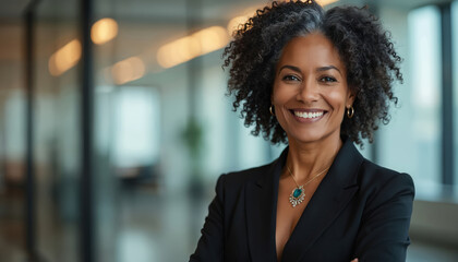 Mid-aged Black business woman smiles confidently in modern office hallway. Wears black suit jacket, beautiful necklace. Mature professional leader stands in modern workplace, showing success,