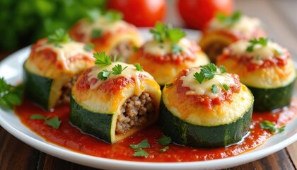Baked zucchini rolls stuffed with minced meat and melted cheese. Dish served on plate with tomato sauce and fresh parsley garnish. Delicious homemade dinner recipe with courgette. Savory appetizer.