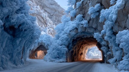 Wintry Mountain Road Passing Through Ice Cave Tunnels Illuminated by Warm Light