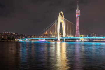 Night view of Guangzhou Tower and Liede Bridge, landmark buildings in Guangzhou, China