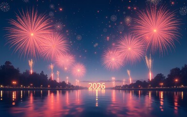 Abstract fireworks transparent background, celebration of new year 2026 christmas festival season holiday event, 3d modern contemporary digital artwork vibrant cartoon illustration landscape wallpaper