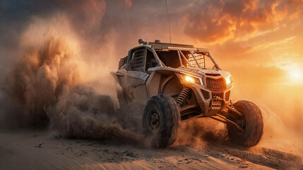 Fototapeta premium A buggy speeding down a deserted highway at sunset. Clouds of dust, fast-paced movement, and an extreme atmosphere. Motorsport and extreme sports.