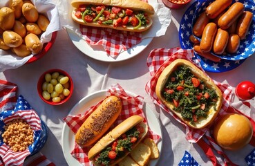 Festive picnic table with food for American holiday. Fourth of July celebration with hot dogs sausages buns, toppings. Patriotic barbecue with USA flag decor for summer party. Outdoor meal for family