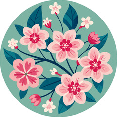 Flower vector illustration featuring pink blossoms in a circular arrangement showcasing floral design. Modern botanical poster.