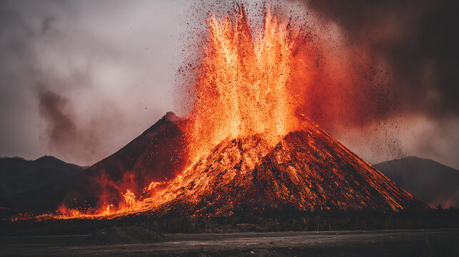 erupting. A powerful volcano erupting with lava and ash against the sky. ESG reports, sustainability campaigns, designed for sustainability communications and ESG reporting.
