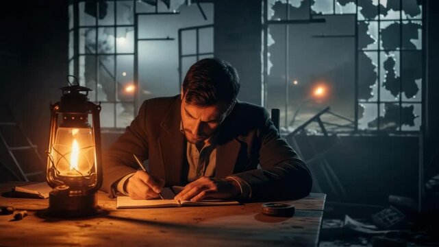 Determined adult man writing a letter at a desk lit by an oil lamp during a war. Historical concept of a correspondent working amidst destruction and chaos at night