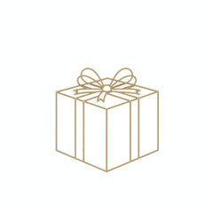 Minimalist line art illustration of a golden gift box with a decorative ribbon and bow on top, perfect for celebrations.