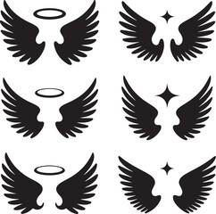 Obraz premium Angelic wings vector graphic set with halos and stars design elements