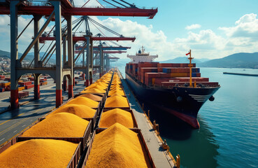 Cargo ship loads grain at port terminal. Vessels transport wheat in containers. Cranes load cereals for shipment. Industrial trade zone ships goods. Maritime business deals with cargo exports.