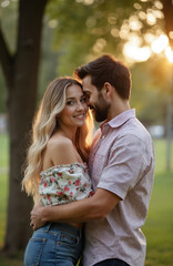 Naklejka premium Young man hugs woman in park at sunset. Couple smiles, enjoys golden hour light. Woman looks at camera. People share loving moment outdoors. Romantic connection.