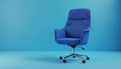 Modern blue office chair sits on a matching blue background. This piece of furniture offers comfort and style. Perfect for workspace or home office setup. Versatile choice for decor.
