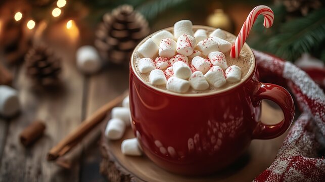 Cozy red mug filled with rich hot chocolate topped with mini marshmallows and a candy cane stirrer, set against a warm holiday background