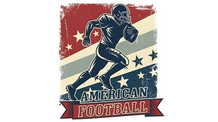 American Football Player Running with Ball on Patriotic Background.