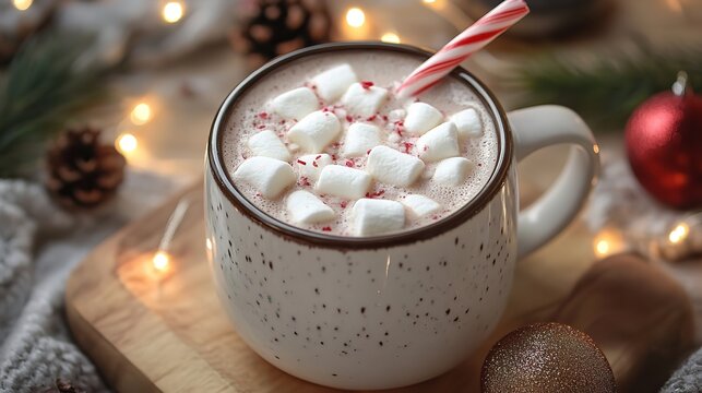 Cozy mug of hot chocolate topped with mini marshmallows and a peppermint candy cane, perfect for a festive winter holiday