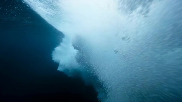 Underwater View of a Powerful Ocean Wave in Deep Blue Water