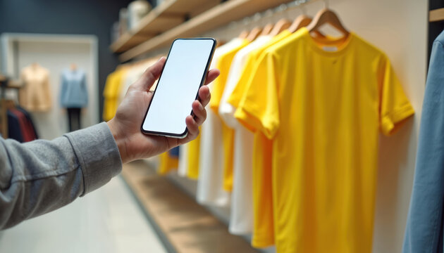 Shopper holds smartphone with blank white screen in modern retail clothing store. Customer uses tech for product info, mobile payment, or scanning. Apparel on racks, yellow t-shirts visible.