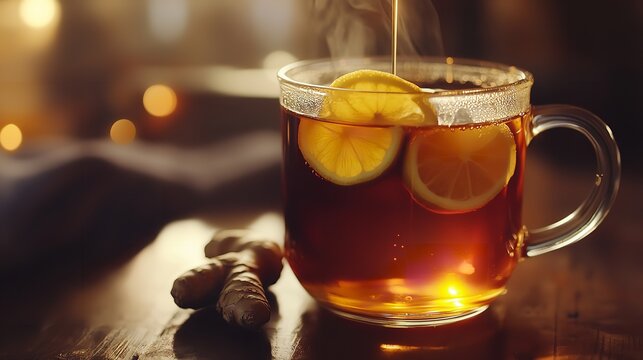 Steaming hot cup of herbal tea with fresh lemon slice and ginger root on a dark, cozy wooden table with bokeh lights in the background