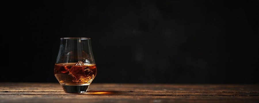 A single glass of amber spirit with ice sits on a rustic wooden surface. Dark background allows for copy space. Ideal for menu or advertisement.