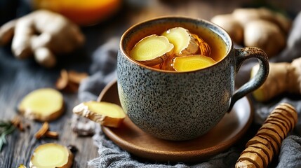 Hot ginger tea in a rustic mug with fresh ginger root slices on a dark wooden table, perfect for wellness and natural remedy