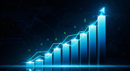 A blue digital graph showing a steady increase in growth and financial success rate
