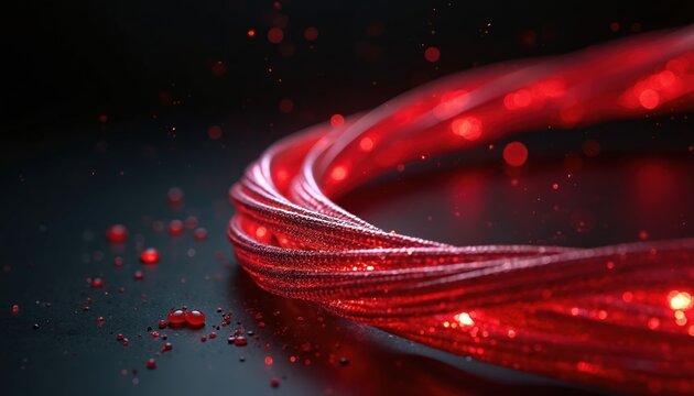 Abstract red braided wire curves over black surface with glowing particles. Its shiny texture and circular form suggest data flow or energy transfer. The backdrop is dark and blurred.