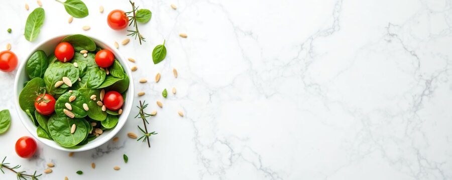 Top view fresh baby spinach salad with cherry tomatoes and seeds in bowl. Diet, healthy eating concept. Vegan vegetarian food on marble backdrop. Recipe book cookbook illustration. Copy space.
