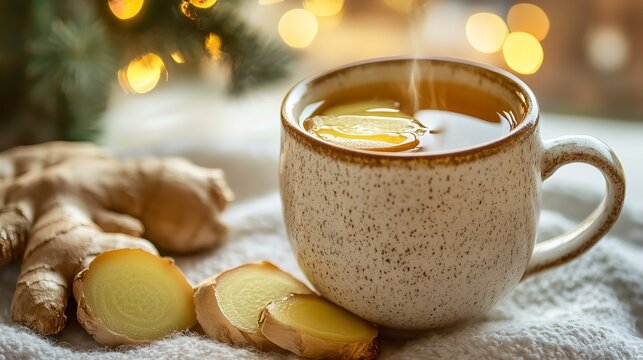 Steaming hot ginger tea in a rustic mug with fresh ginger root slices on a cozy winter background with bokeh lights