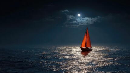 Sailboat gliding on the ocean under a full moon with sparkling water creating a peaceful seascape, perfect for travel inspiration and adventurous vibes for a serene escape