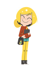 Smiling Girl Artist Character Standing with a Digital Tablet and Stylus, Perfect for School Projects and Creative Design. Cute Vector Illustration for Kids and Education.