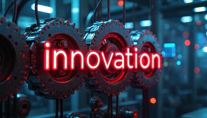 Mechanical gears form word innovation with glowing neon lights. Tech elements work in conjunction representing creativity. Industrial background shows machine components with engineering details.