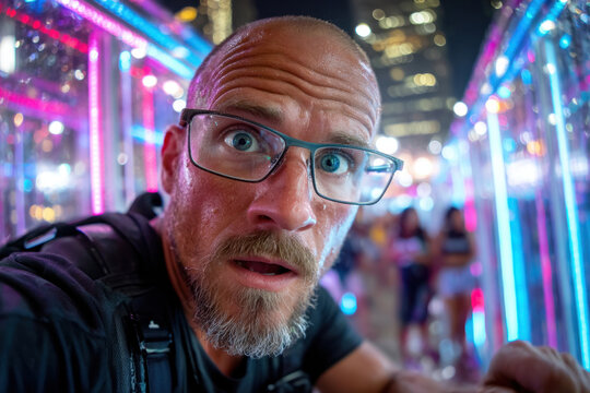 Sweaty Man with Glasses Makes a Surprised Face at Night