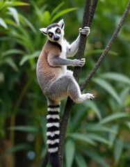 Obraz premium Ring-tailed lemur sits on tree branch. Animal looks directly at camera. It has long black and white striped tail. Primate rests in green natural habitat during day. This mammal is from Madagascar.