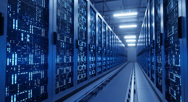 Data Center Server Room with Rows of Rack Servers.