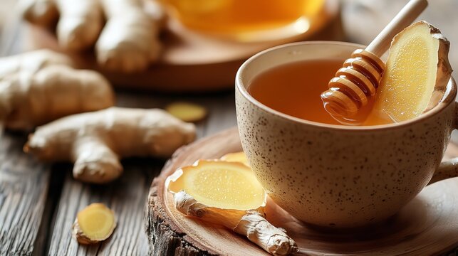 Hot ginger and honey tea served in a rustic cup with fresh ginger root and lemon slice on a wooden table for a healthy drink
