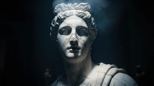 A dramatic sequence showing a cracked marble statue of a classical goddess. Conceptual art representing ancient history, mythology, and the fragility of civilization