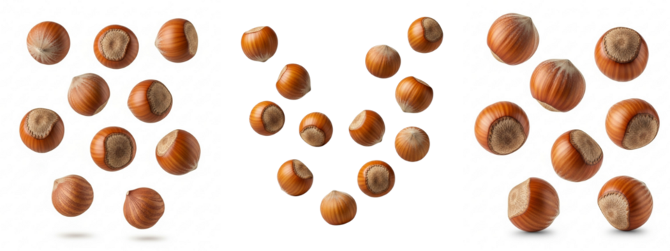 Three clusters of hazelnuts are presented against a transparent  background.